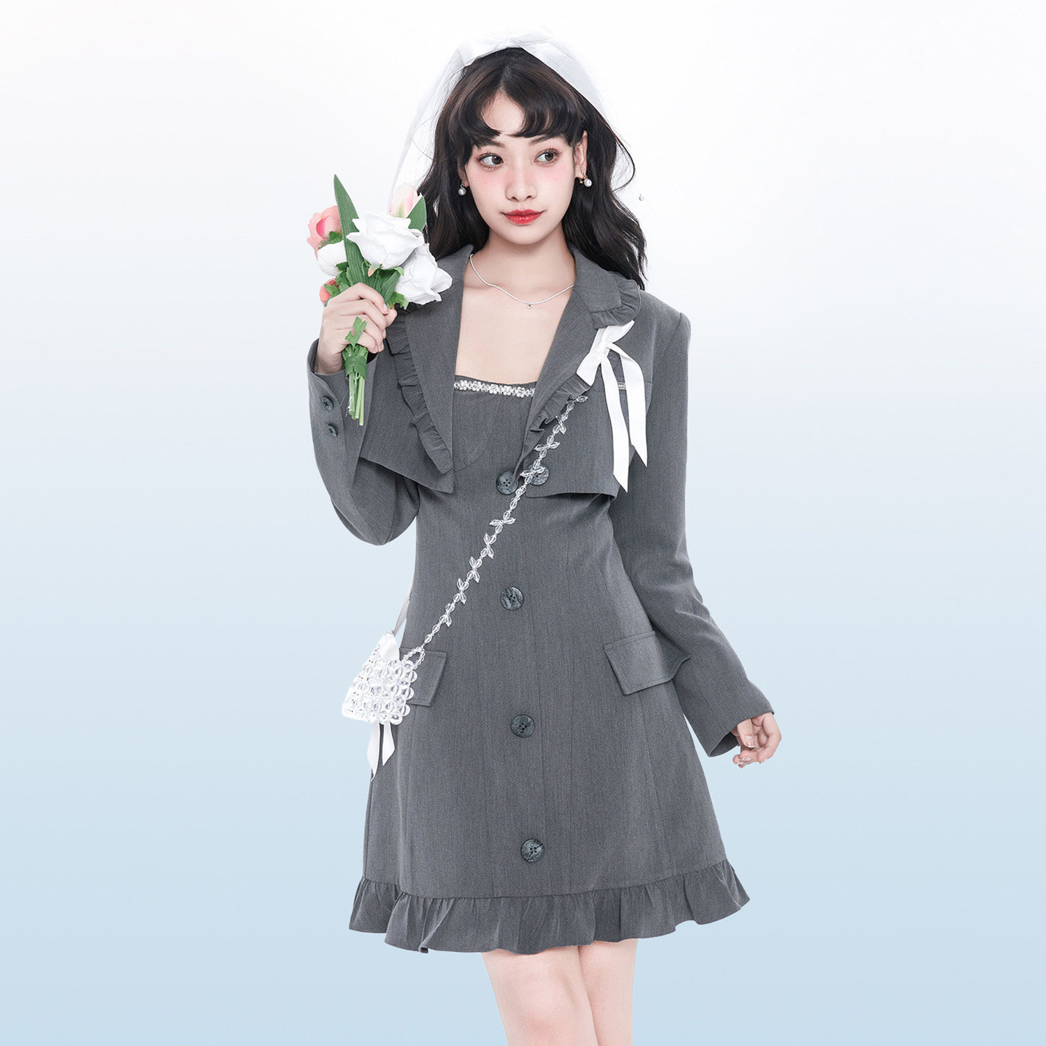 starry rain原创串珠爱心西装抹胸收腰连衣裙气质辣妹两件套装裙