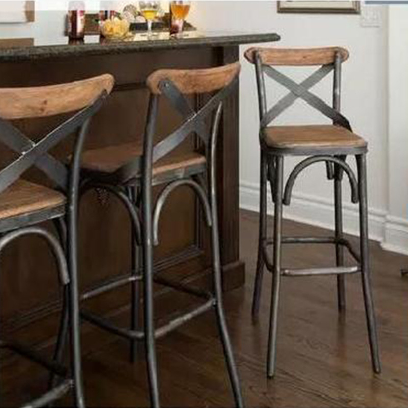 热卖复古酒吧椅创意咖啡厅圆形吧桌高脚凳铁艺实木吧台凳高脚桌