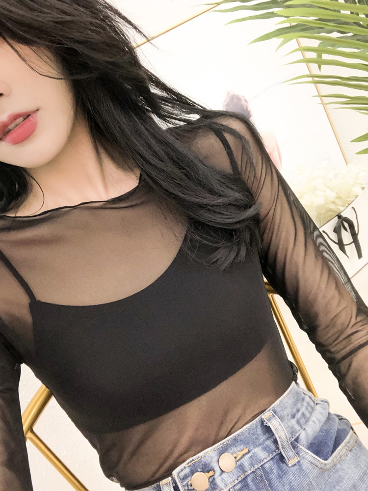 透视网纱打底衫女长袖性感黑纱蕾丝内搭b超薄紧身透明薄纱上优惠券