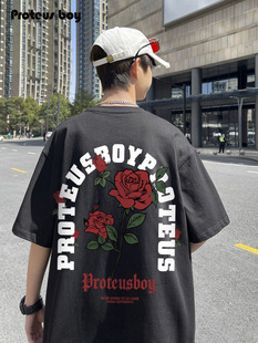 ProteusBoy短袖t恤男夏季新款男生美式玫瑰印花圆领纯棉五分袖体T