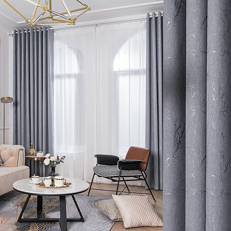 现代简约新中式灰色雪尼尔全遮光防晒遮阳窗帘布客厅卧室飘窗成品