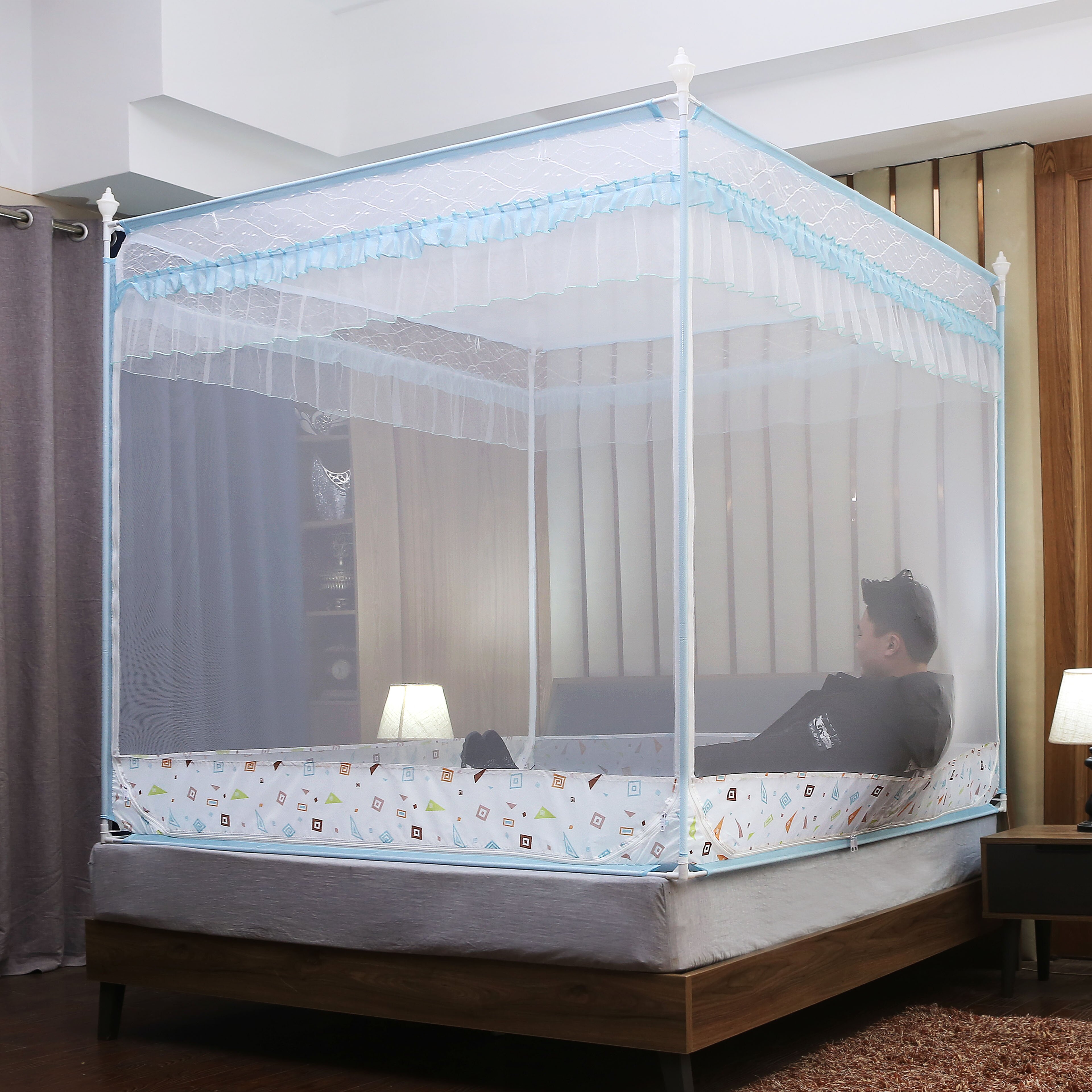 新品简约三l开门蚊帐床笠家用蒙古包方顶拉链坐床式1.5米1.8床纹