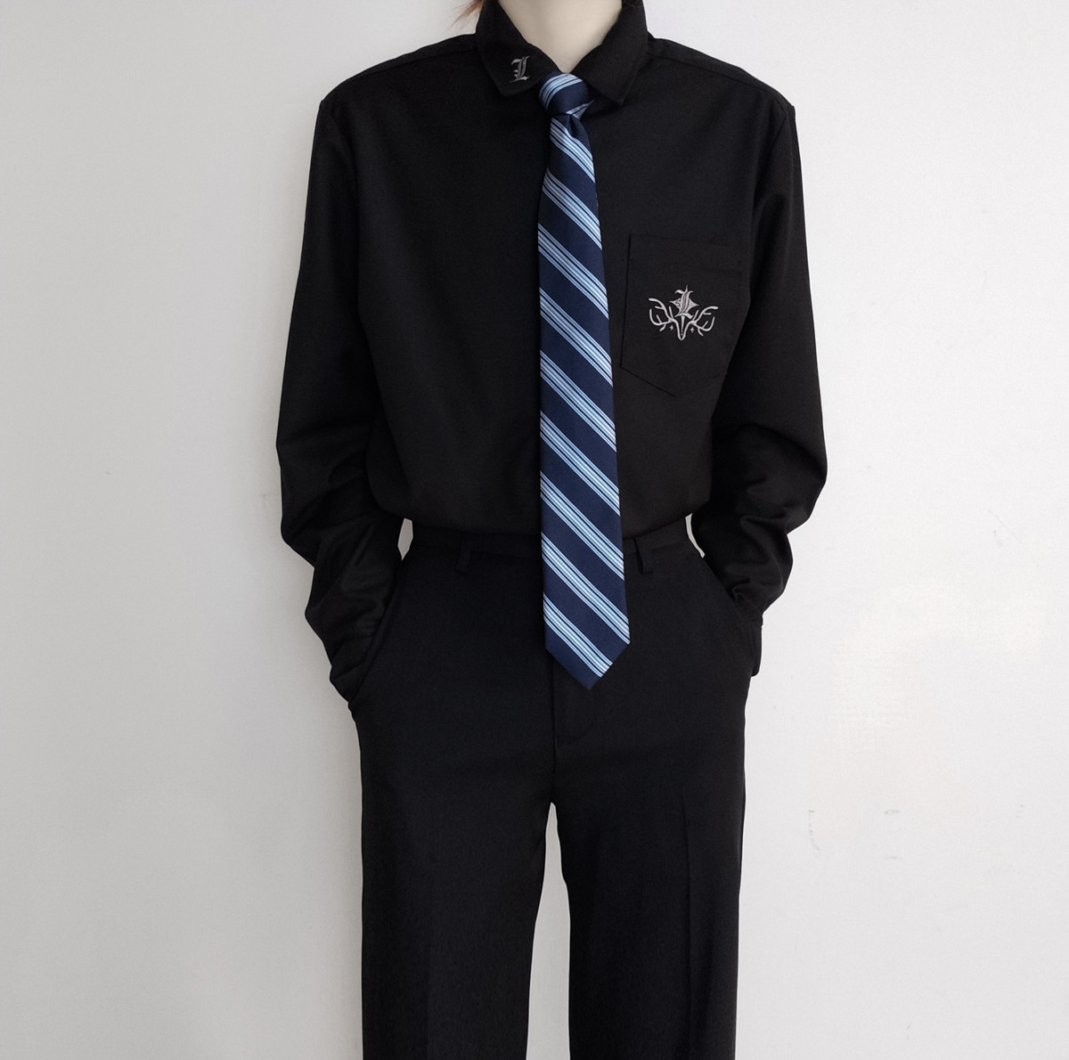 【颜沐溪】 鹿角星 日系原创jkdk制服男款长袖刺绣衬衫 黑白色