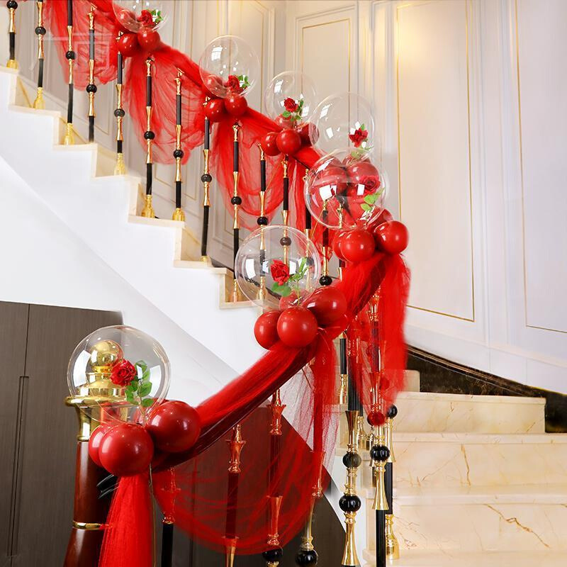 楼道结婚楼梯扶手装饰路边婚礼布置装饰农村中式婚礼现场拉花纱幔