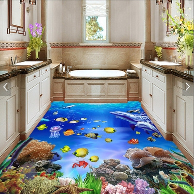 3d地板砖卫生间浴室阳台厨房洗手间地砖海底世界海滩地画防滑瓷砖