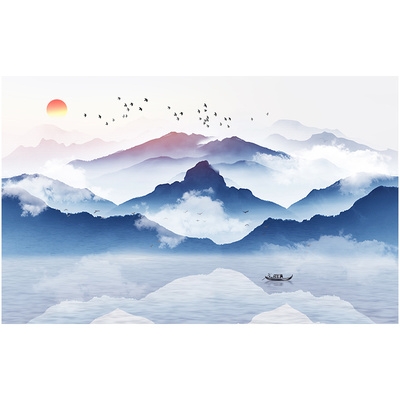 新中式电视背景墙壁纸p意境水墨山水画墙布沙发卧室中国风古典壁