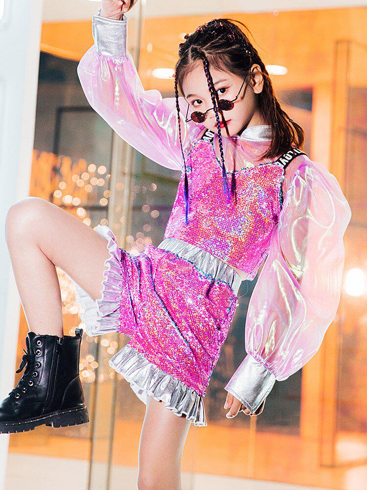 摇滚风走秀儿童时尚服装女童t台演出服酷炫少儿爵士舞亮片套装酷