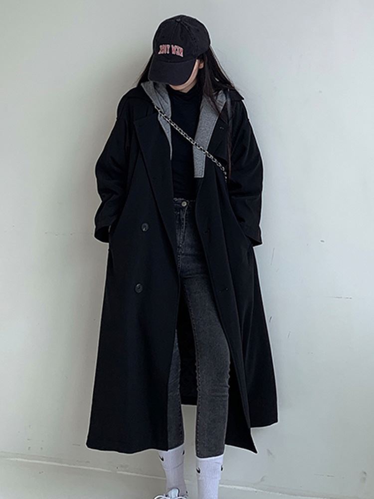 大码女装设计感撞色风衣外套女胖妹妹中长款宽松黑色秋冬连帽大衣