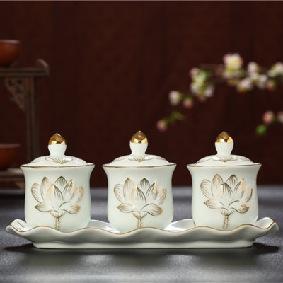 佛法僧菩萨大悲水供o水杯陶瓷圣水杯净水杯供佛法器莲花三连供