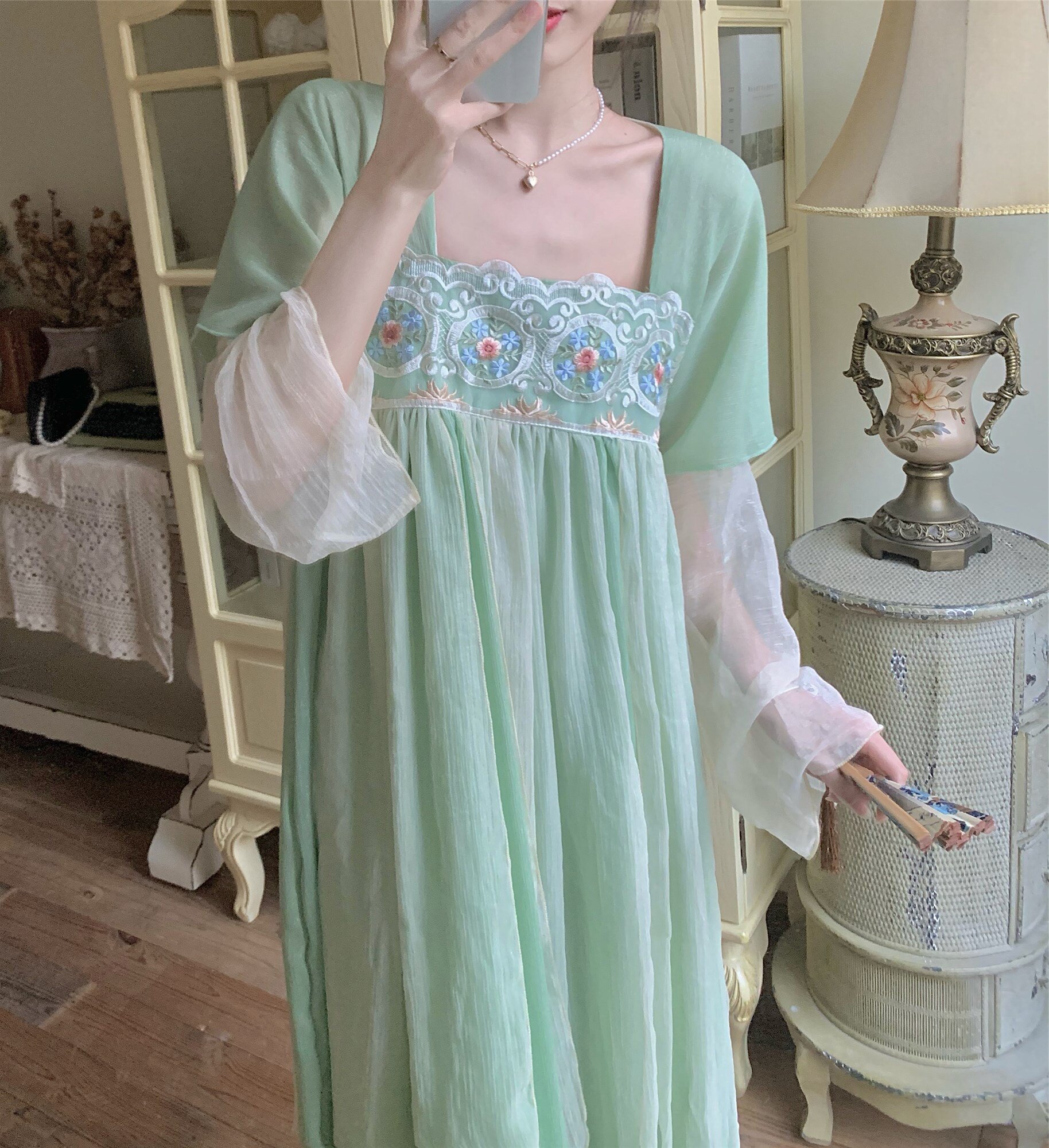 文艺复古国风古风齐胸汉服改良连衣裙女夏季绿色汉元素刺绣长裙仙