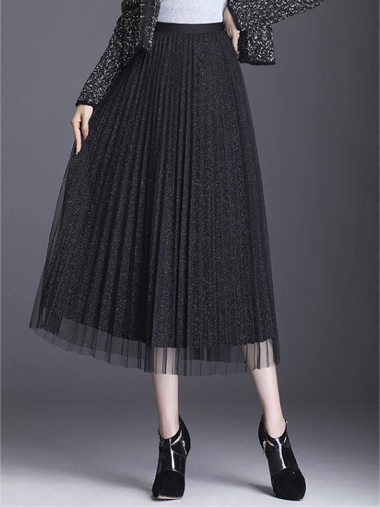 黑色纱裙女半身秋冬款垂感2021新款中长款星空大码百褶网纱半身裙