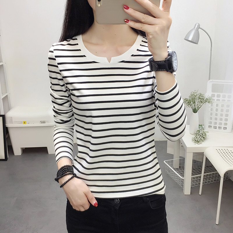 纯棉t恤女长袖春秋季单衣韩版女土丅恤修身显瘦条纹打底衫上衣服