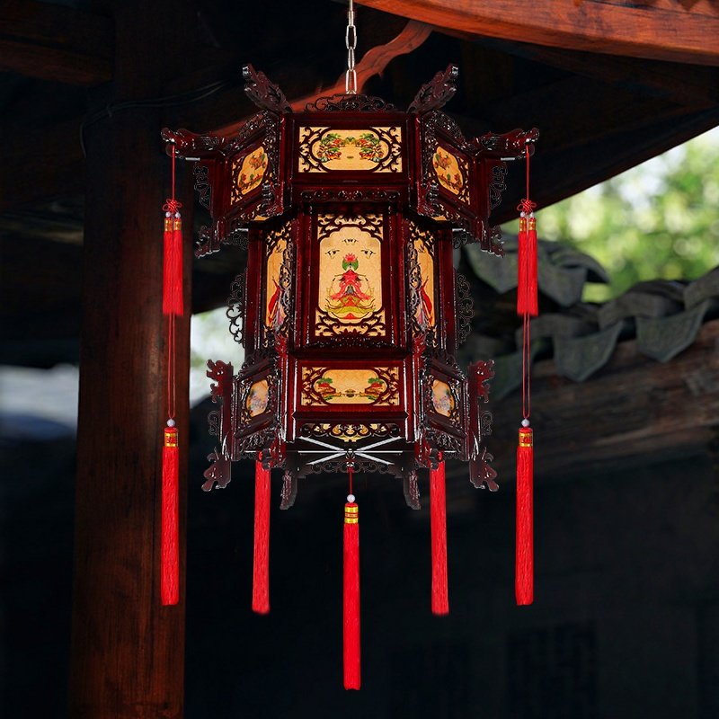 中式实木宫灯六角大红新年羊皮古典结婚阳台吊灯户外仿古灯笼挂饰