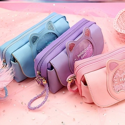 粉色多层a袋儿童开学少布笔笔袋新品新款闪亮帆布公主.女心流沙