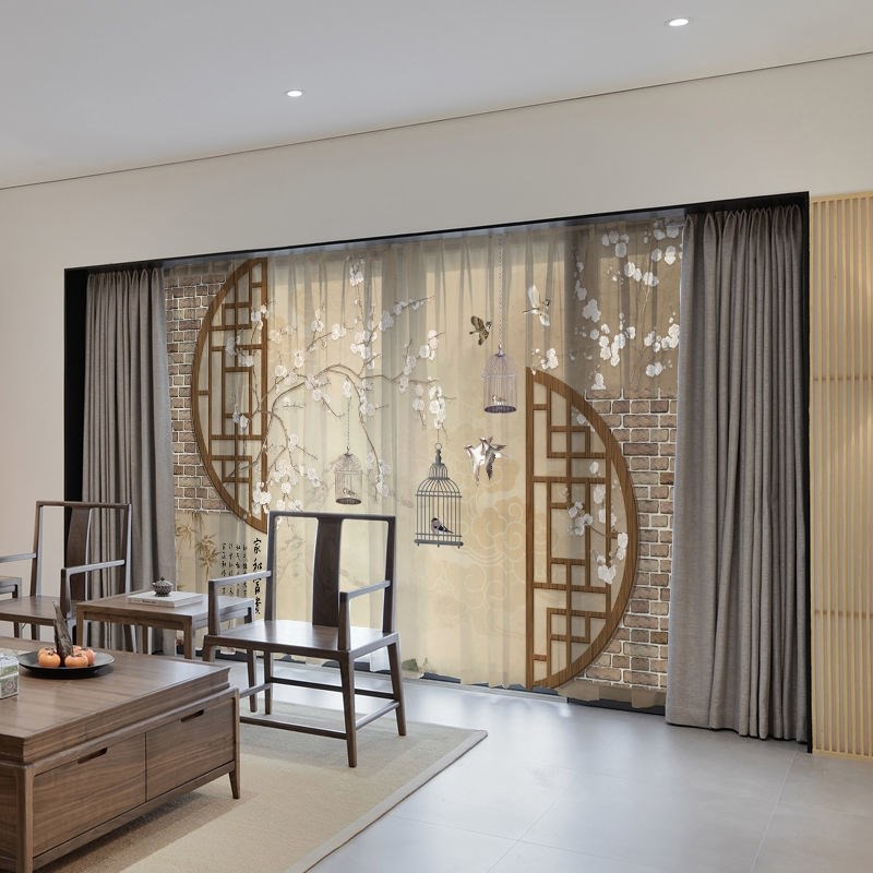 新中式窗帘2021新款窗纱古典中国风水墨山水画窗帘客厅卧室茶室书