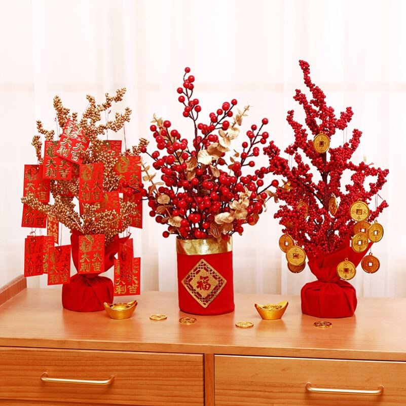 新年摆饰春节插花冬青红果发财果装饰客厅假花摆件花瓶过年家用桶