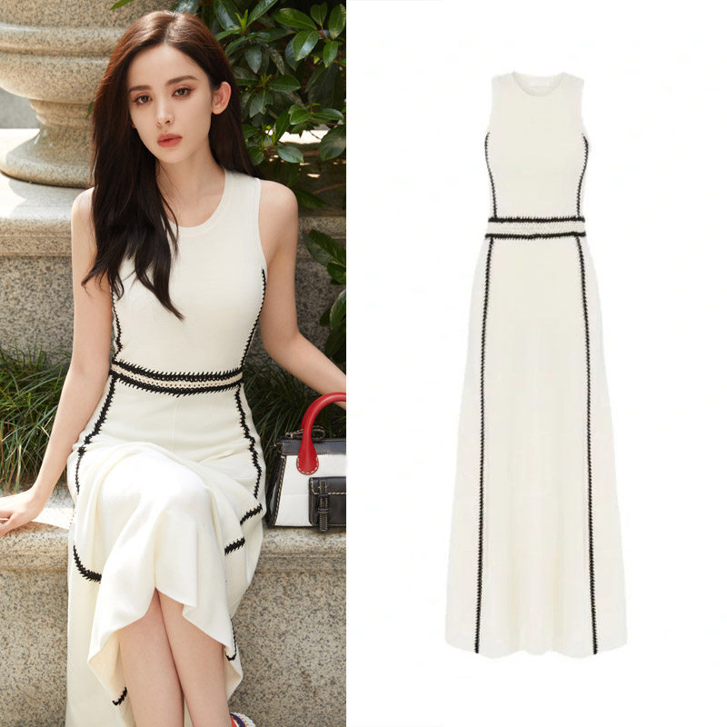 古力娜扎明星同款白色无袖针织连衣裙女设计感编织拼接长裙背心裙