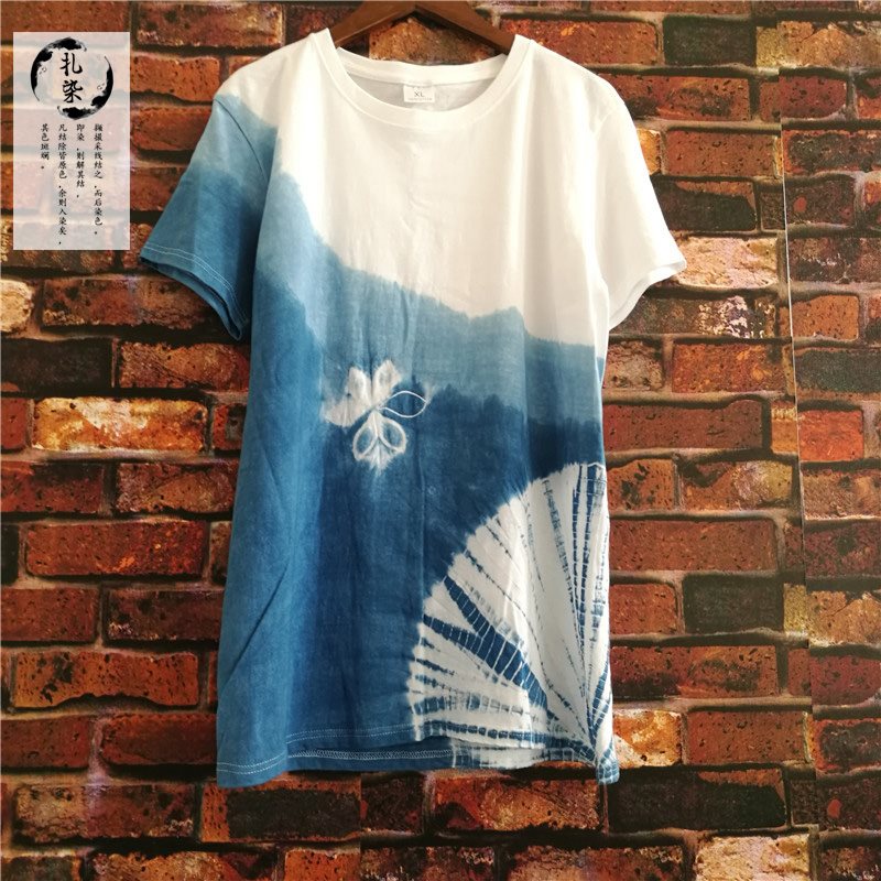 扎染t恤云南大理白族手工草木灰植物染蓝染纯棉圆领男女衣服短袖