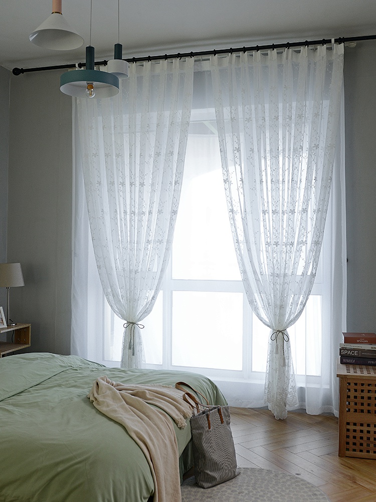 网纱薄纱纱帘白色窗帘窗纱白沙阳台纱z遮光飘窗蕾丝半透明纱幔布