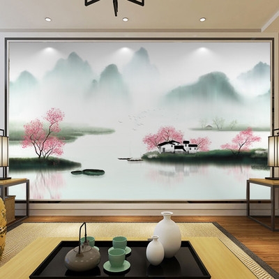 电视背景墙壁纸水墨山水画风景新中式客厅沙发茶室墙布壁布壁画