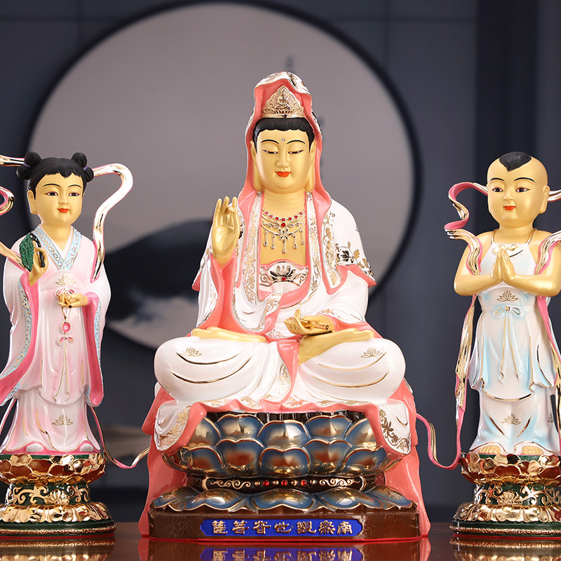 观音佛像家用供奉台湾盛凡鎏金纯铜白衣观音菩萨客厅金童玉女摆件