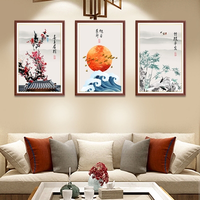 新中式客厅装饰画沙发背景墙画民俗壁画玄关实木框三联幅挂画餐厅