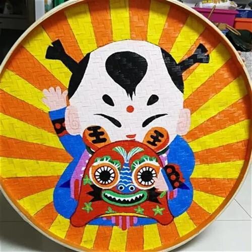 纯手工竹簸箕画竹匾竹筛竹编创意彩绘画竹筐农家乐火锅店复古装饰