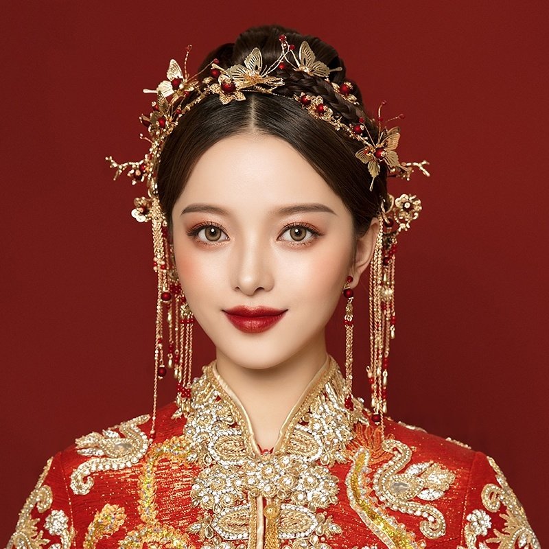 秀禾服头饰新娘2021年新款中式结婚圆脸中式大气凤冠步摇大气简约