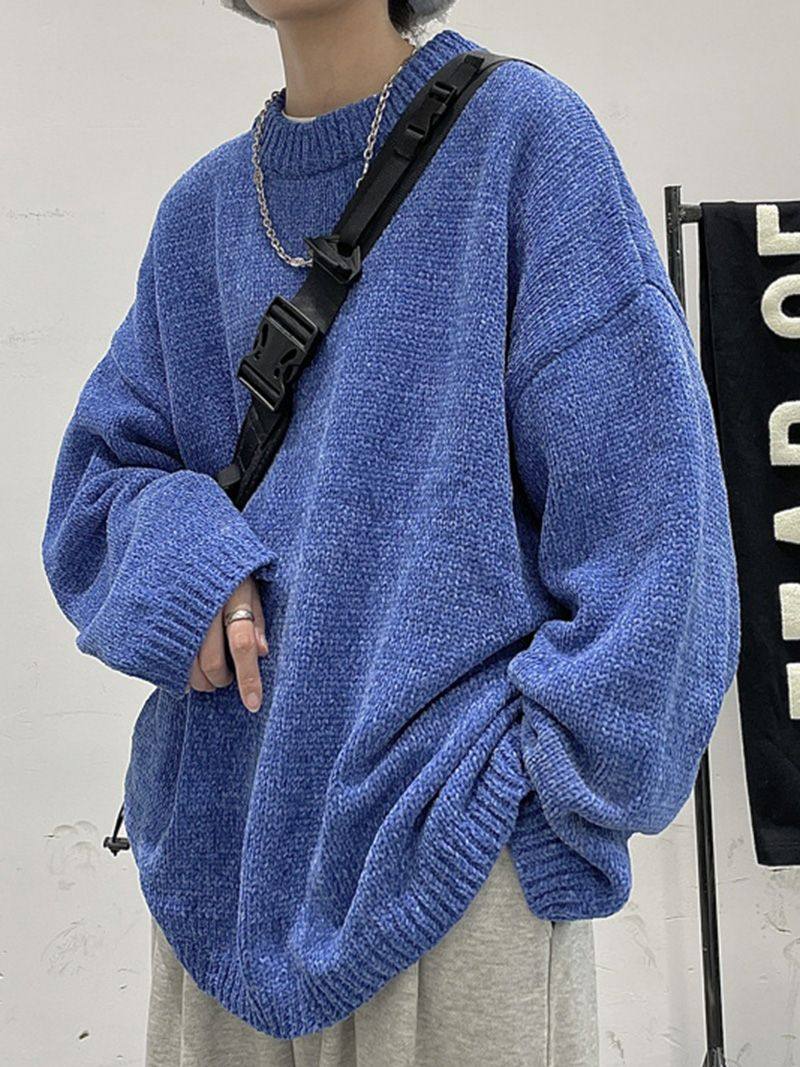 克莱因蓝毛衣慵懒高级感针织衫男秋冬oversize外套美式复古雪尼尔