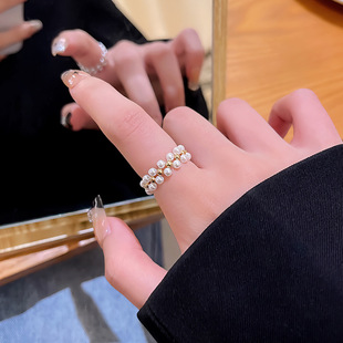 可调节弹力绳珍珠戒指女ins风小众时尚个性指环戒复古简约手饰品