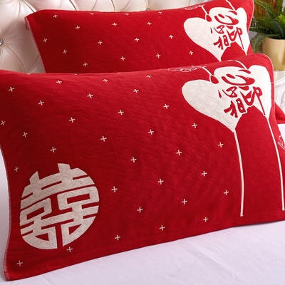 婚庆大红纯棉枕巾结婚全棉一对装红色加厚纱布双喜情侣成人枕头巾