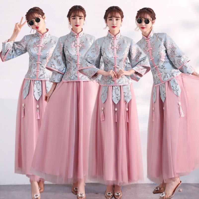 伴娘服2020新款中式新娘伴娘团创意姐妹裙中国风长款修身礼服秋冬