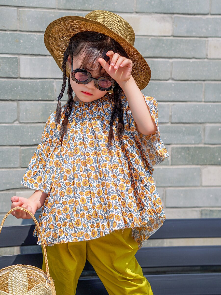 小蜜糖童装2021夏季新款女童碎花娃娃衫宝宝ins风短袖t衬衫时尚潮