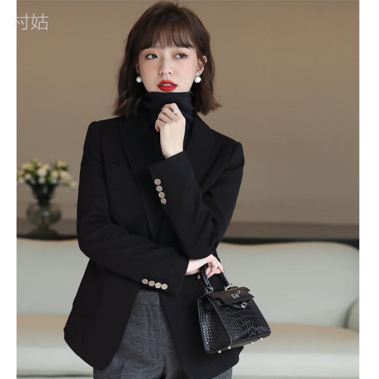 joliment黑色修身显瘦羊毛呢西装外套女秋冬新款抗皱免烫西服上