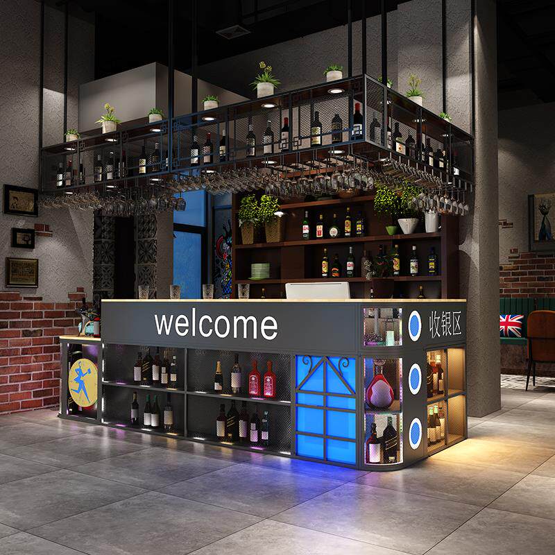 转角奶茶店柜台复古工业风收银台店铺餐厅前台接待台吧台桌酒吧台