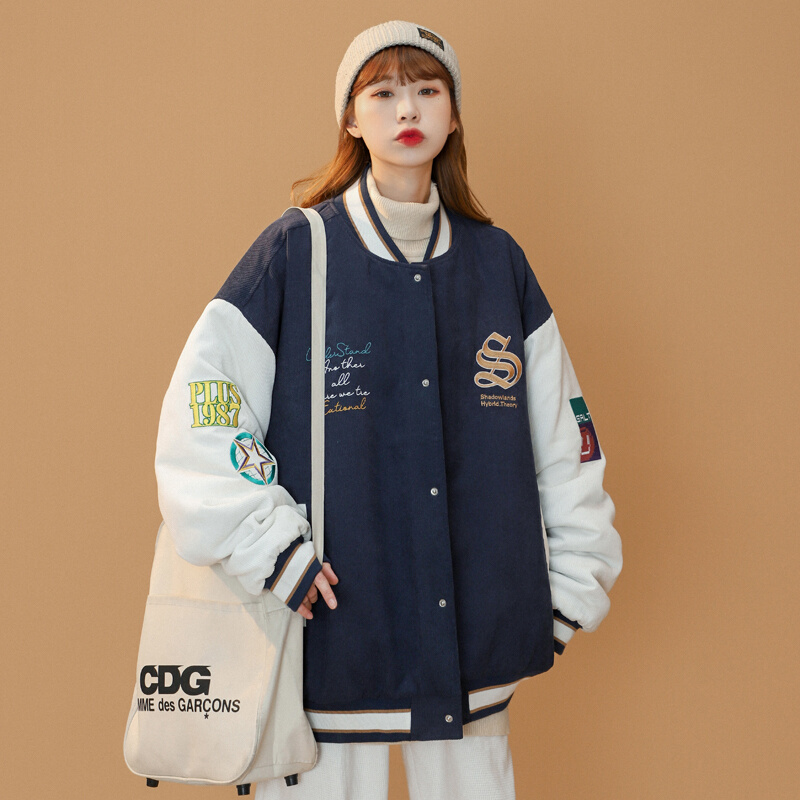 冬季加厚短款灯芯绒棉服外套女美式复古撞色棒球服棉衣oversize潮