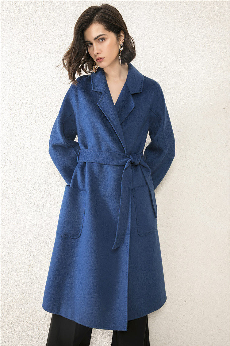 max浴袍款2021羊绒大衣毛呢外套女宝蓝色水波纹宽松百搭