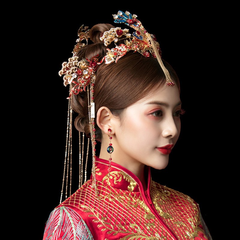 秀禾新娘古装头饰步摇流苏结婚中式婚礼秀禾服发饰古风禾服凤冠女
