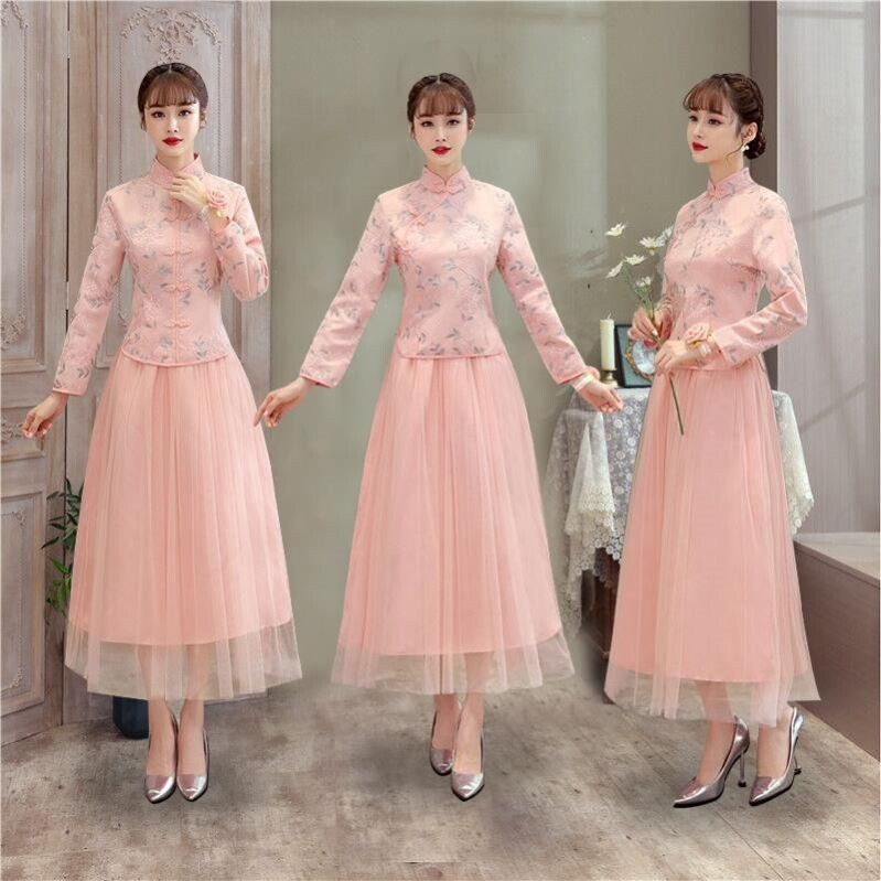 2021秋冬季新款中式伴娘服长袖复古民国风保守保暖伴娘礼服姐妹裙