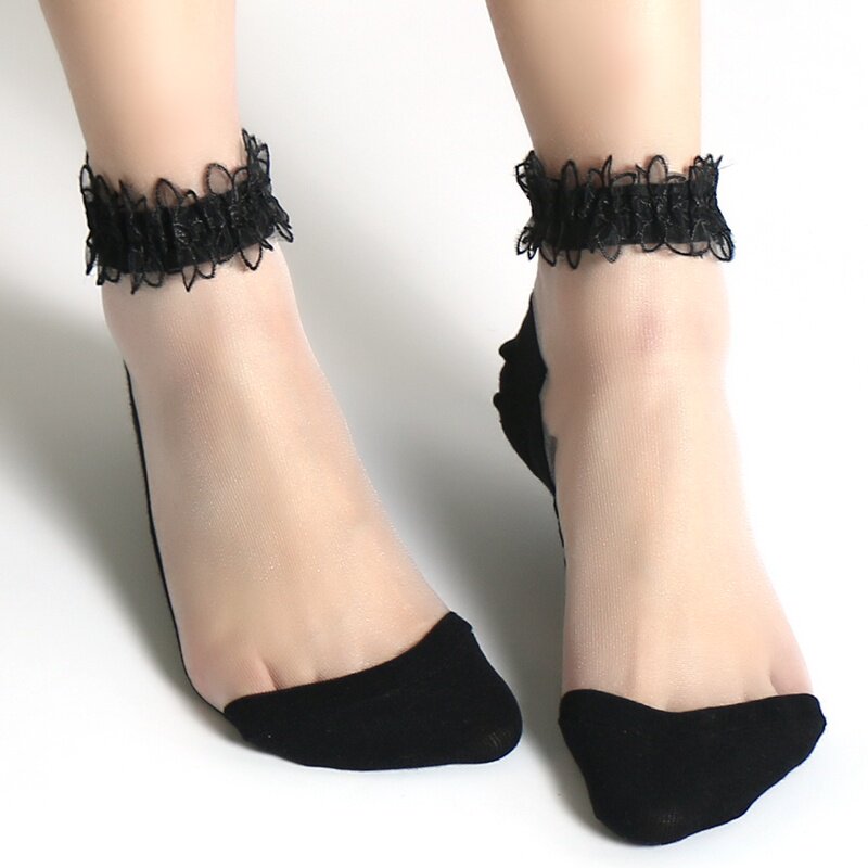 5双装日系蕾丝花边袜水晶丝袜超薄公主风女袜棉底短袜透明袜子