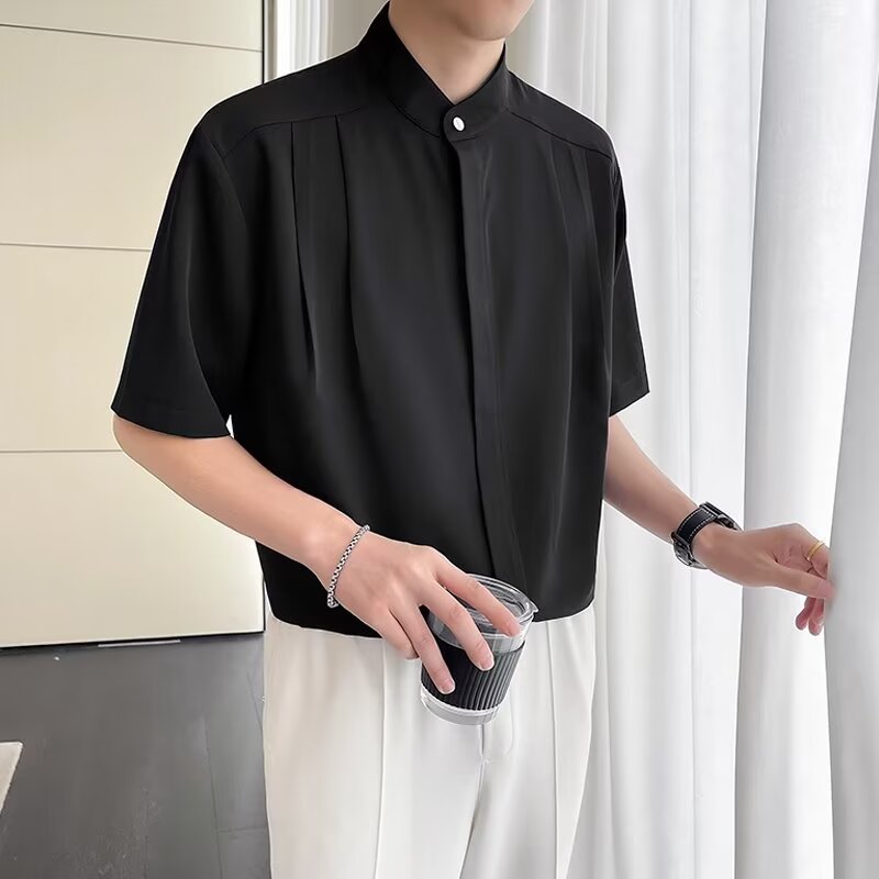 新中式高级垂感立领短袖衬衫男士夏季痞帅五分袖潮流纯色免烫衬衣