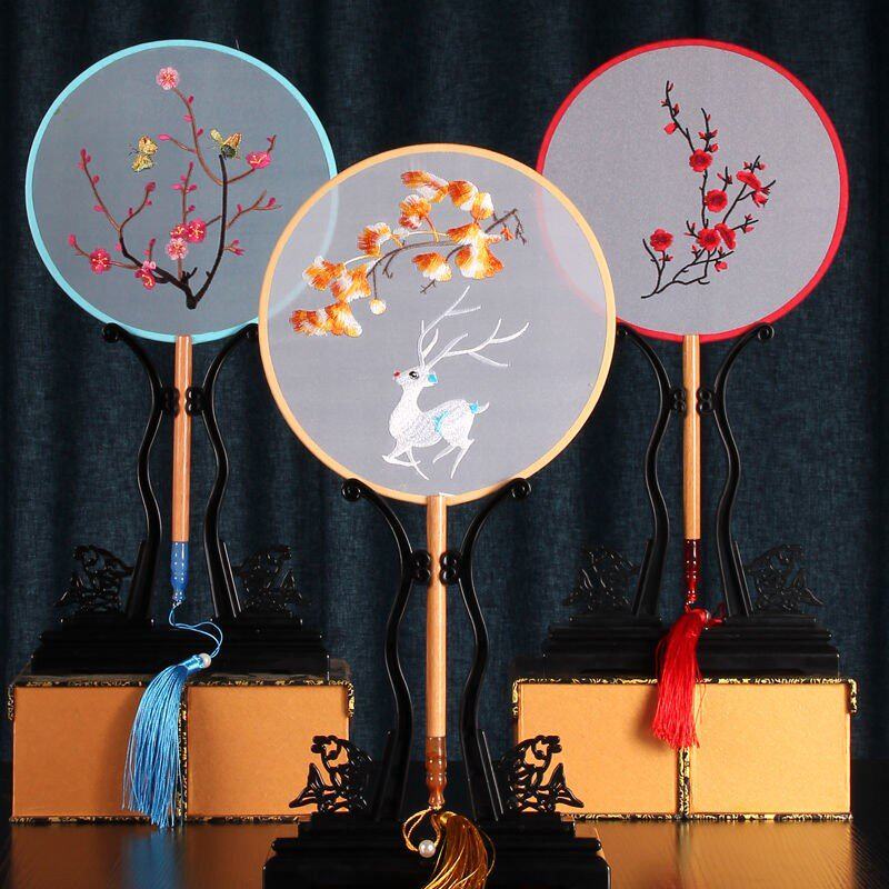 双面刺绣团扇古风苏绣汉服扇子女中国风舞蹈旗袍圆扇半透明加长柄