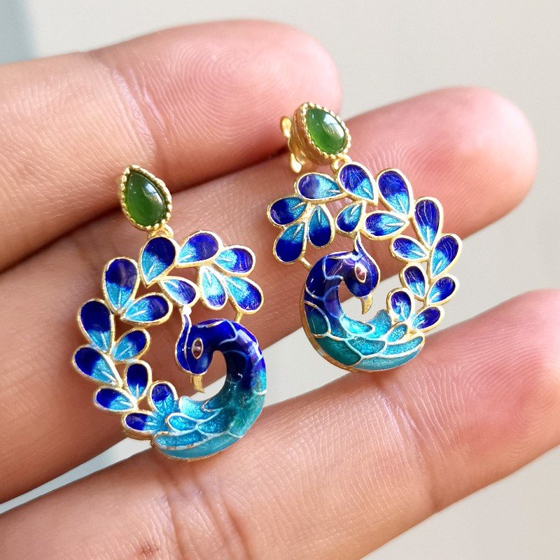 银景泰蓝凤凰耳坠镶嵌天然和田碧玉耳钉复古宫廷中国风个性耳饰