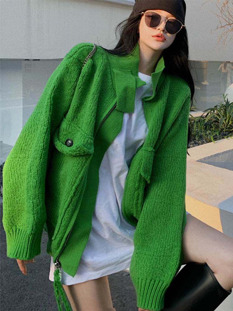 秋冬装宽松重工双拉链立领毛衣外套女加厚百搭中长款绿色上衣ins