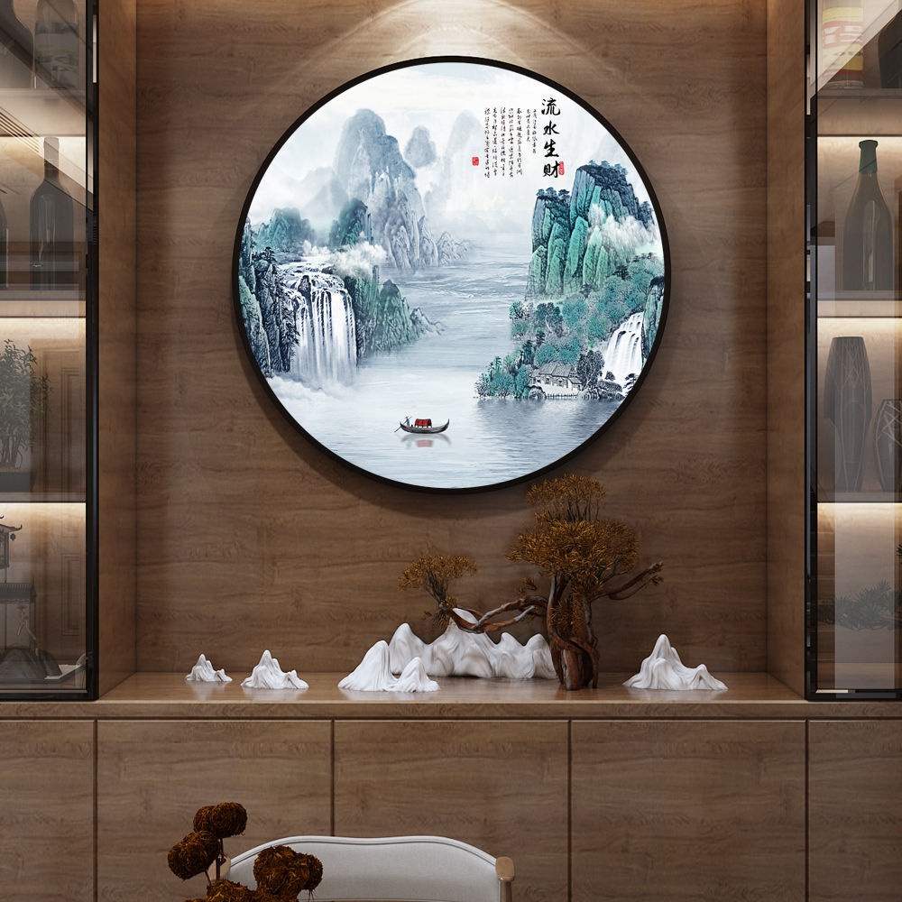 新中式进门玄关装饰画入户客餐厅圆形玄幻山水风景挂画走廊墙壁画