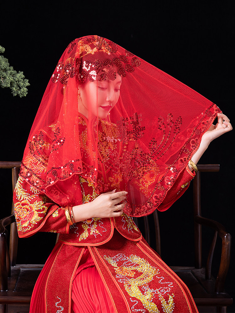 头纱婚纱红色结婚新娘红盖头新娘盖头红色结婚2018纱蕾丝中式