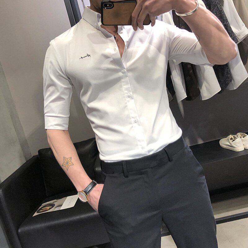男衬衫短袖修身韩版潮流纯色五分袖夏装发型师夏季白色中袖衬衣男