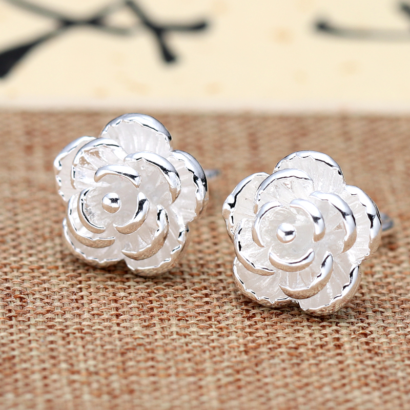 999纯银耳钉日韩小清新文艺花朵耳饰足银耳环手工弯钩款梅花银饰