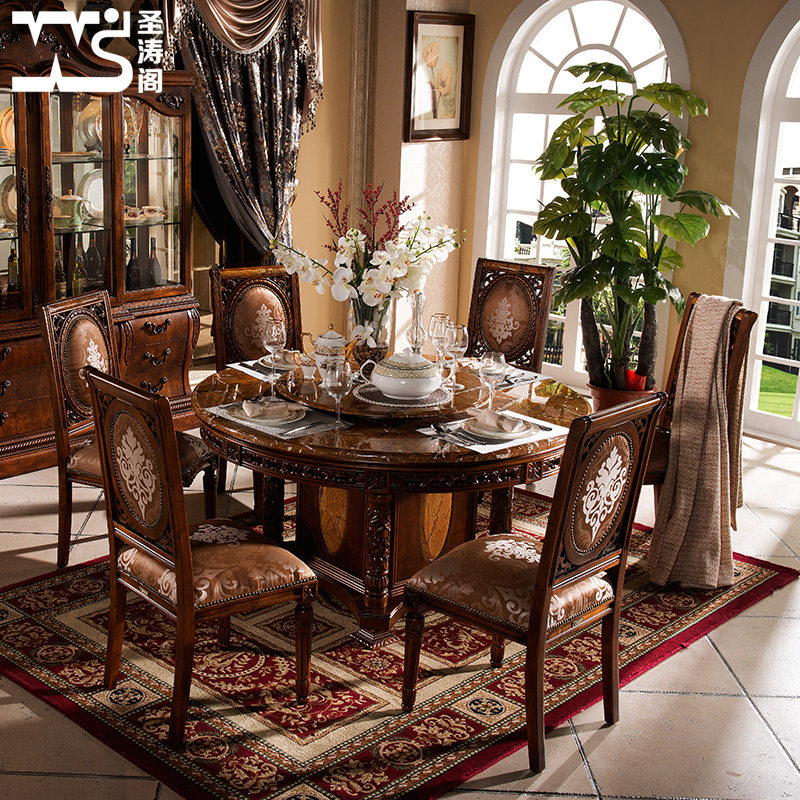 圣涛阁高档美式实木餐桌椅组合欧式大理石圆餐台带转盘别墅圆餐桌
