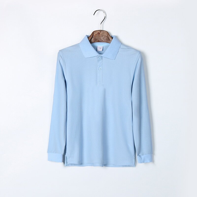 儿童浅蓝色polo衫小学生校服白色翻领t女童男童天蓝长袖t恤英伦风